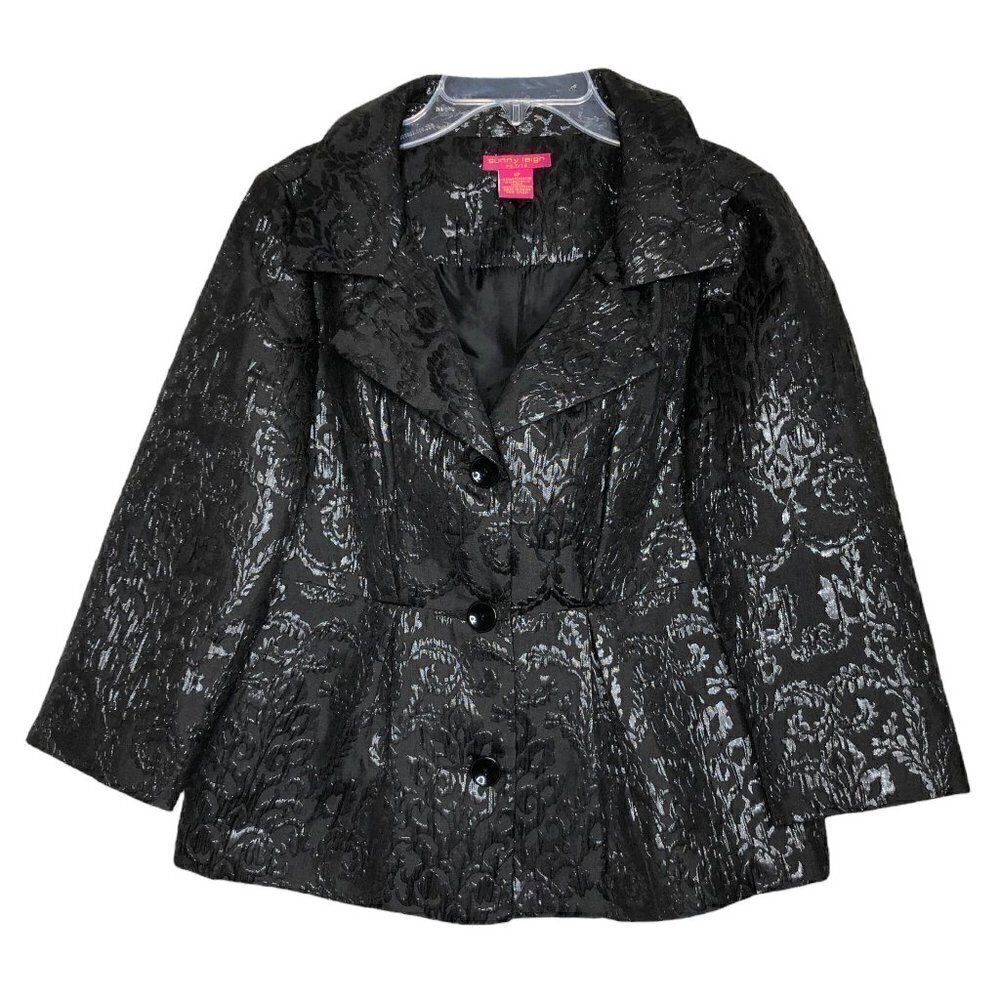 New SUNNY LEIGH Black Metallic Monochromatic Floral Peplum Blazer Size 6P Petite